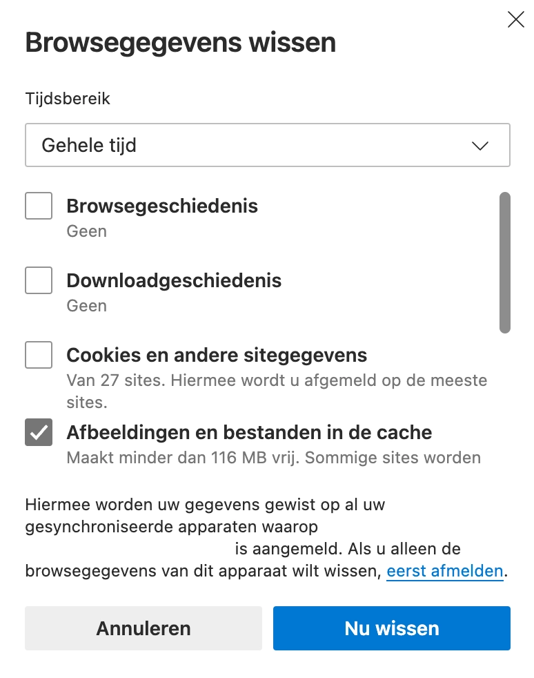 Instellingen van Edge browser om cache leeg te maken